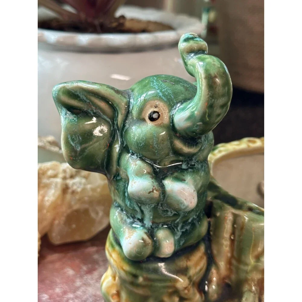 Vintage Ceramic Elephant Planter | Green Glazed Elephant & Bamboo Pot | Boho Jun
